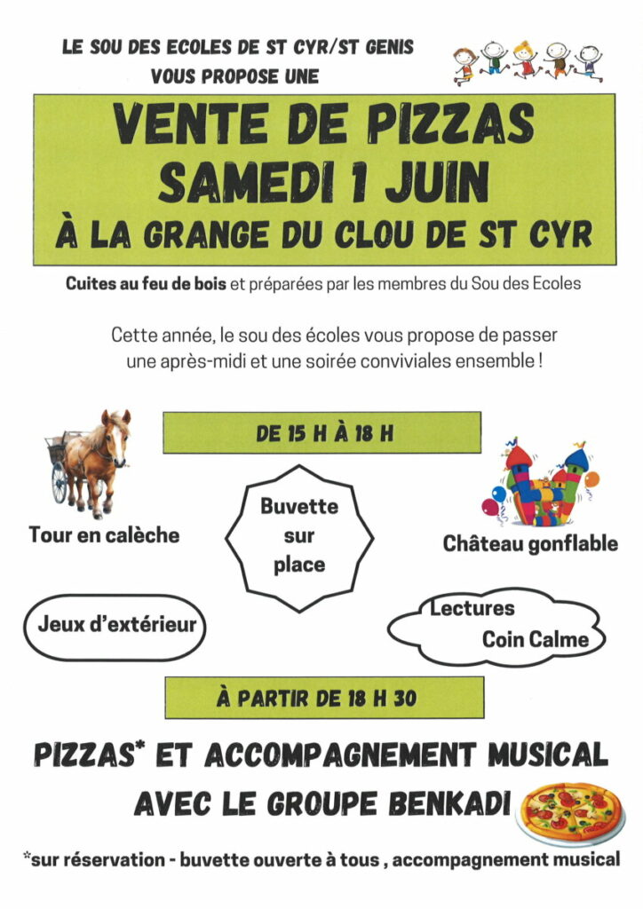 Affiche Annonce Vente de Pizzas par le Sou des Ecoles de Saint-Cyr Saint-Genis