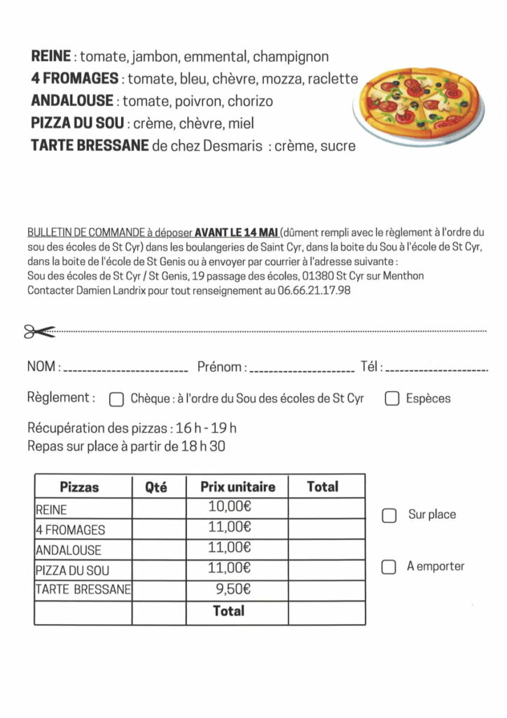 Affiche Réservation Vente de Pizzas par le Sou des Ecoles de Saint-Cyr Saint-Genis