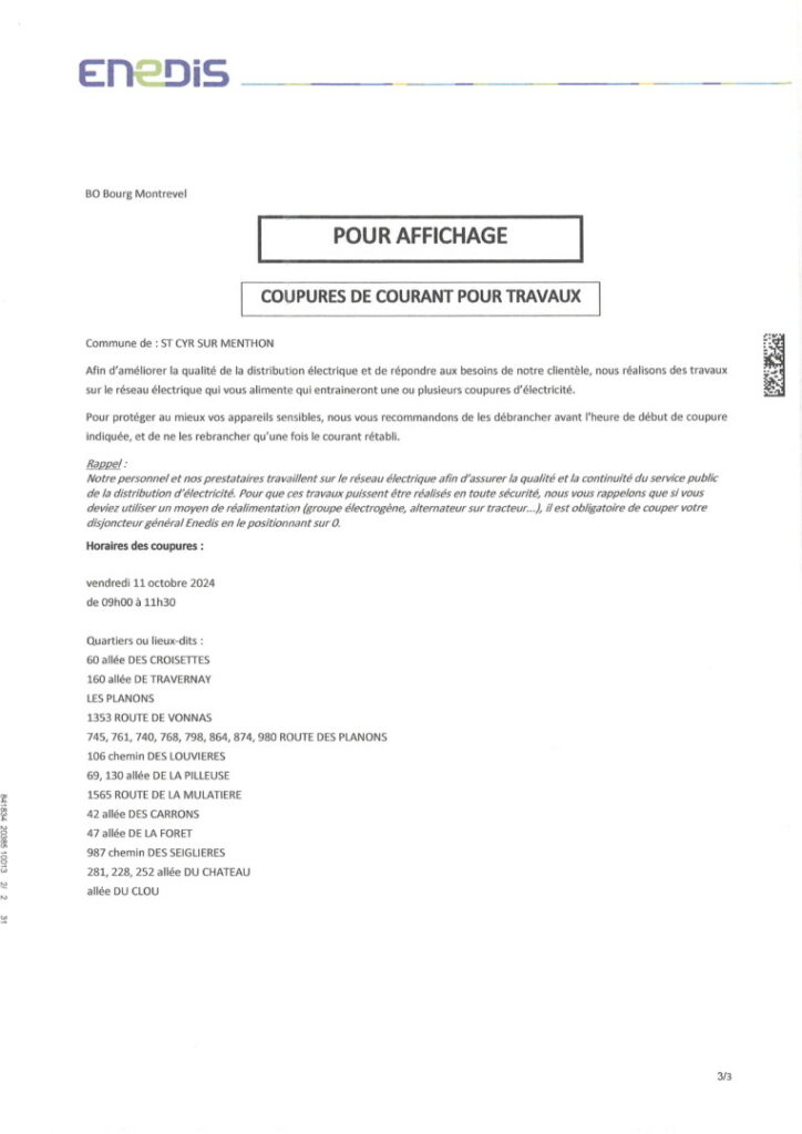 Coupures de Courant le 11 octobre