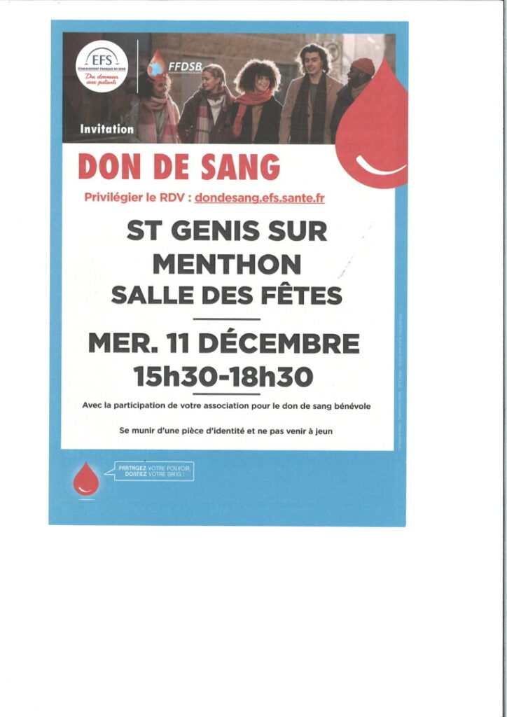 Don du Sang le 11 Décembre à St Genis