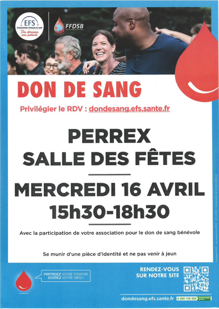 Affiche don du sang à Perrex le 16 avril 2025